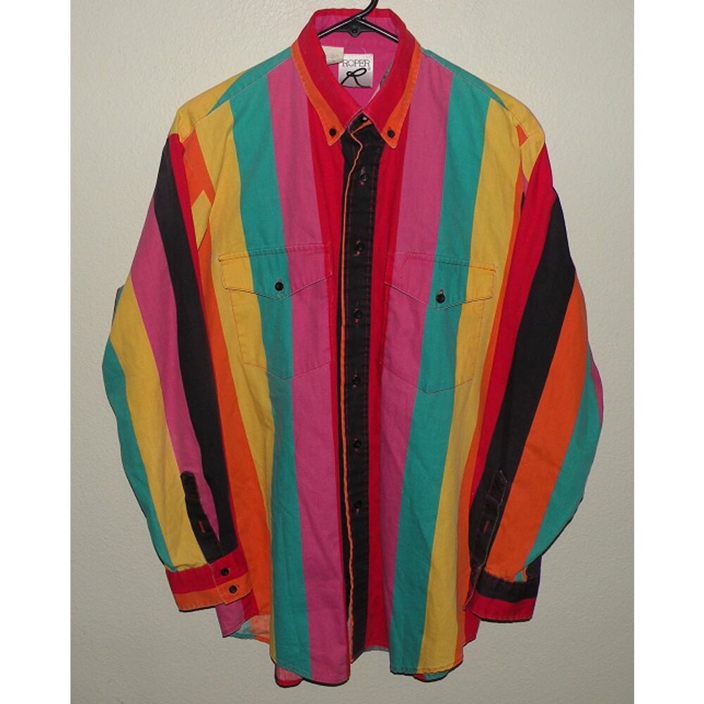 Vtg 80s Roper Mens Medium LS Western Button Shirt Bright Bold Colors Striped USA